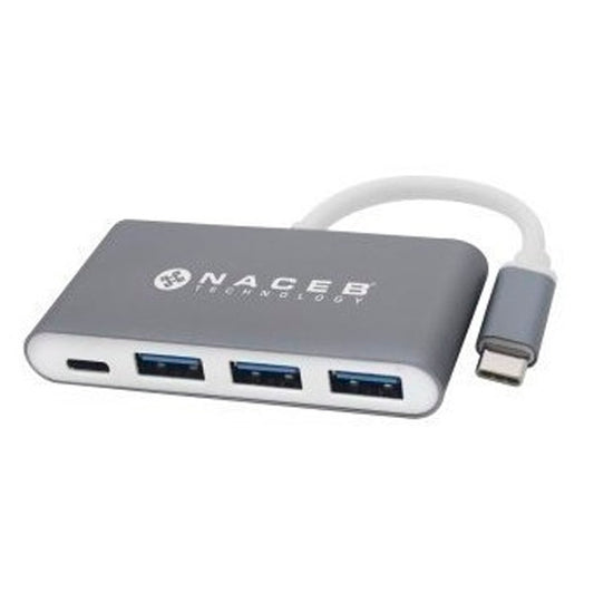 Adaptador HUB Naceb tipoUSB a C macho 3x USB-A hembra 1x USB-C hembra color Plata