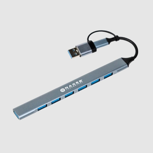 Adaptador HUB Naceb tipo USB C/A 7 puertos color Plata