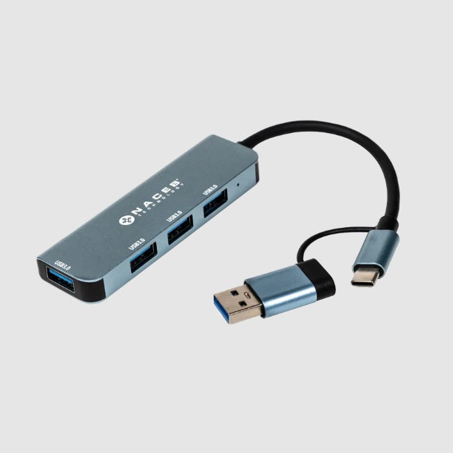 Adaptador HUB Naceb USB a A USB a A 3.0 USB-C 5GB modelo NA-0126 color Plata