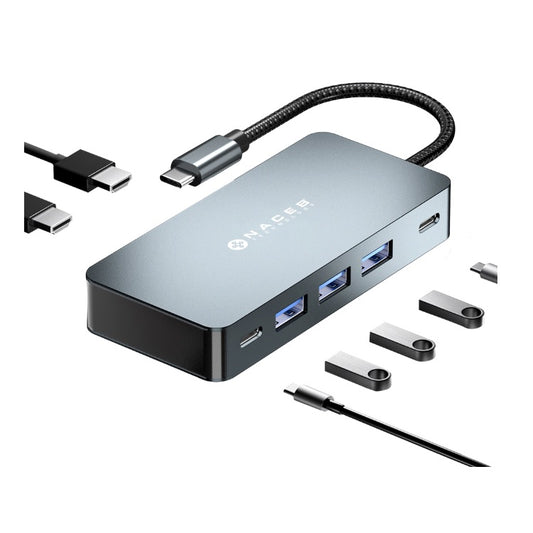 Adaptador Naceb NA-0147 HUB USB-C 7 en 1 DUAL HDMI 4K con USB-C+PD100W+3 USB3.0 color Plateado