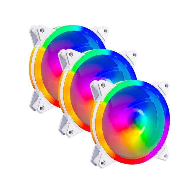 Kit 3 Ventiladores Balam Rush 120mm Blanco Eolox Blaze EX30K ARGB borde led Rainbown 120x120x25mm 1200RPM Hidráulico 12V MOLEX