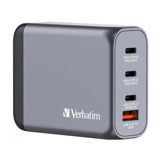Cargador de pared Verbatim GNC-100 100W 20V 3xUSB-C 1xUSB-A modelo VB32202 color Gris