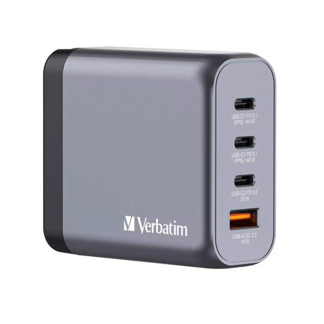 Cargador de pared Verbatim 140W 20V 1xUSB-A 3xUSB-C modelo VB32203 color Gris
