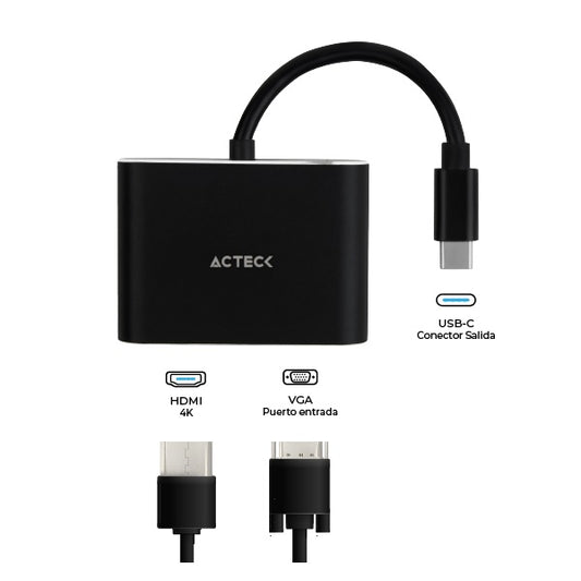 Adaptador Acteck USB C a HDMI + VGA Shift Plus AV420 Para Video Hasta 4K Macho Hembra