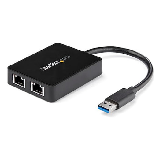 Adaptador Tarjeta de Red Startech de USB 3.0 a 2 puertos Ethernet RJ45 y 1 puerto USBA - Adaptador Externo NIC USB a LAN Gigabit Modelo USB32000SPT