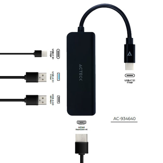 HUB USB ACTECK USB C 4 EN 1 GATE 5P DH645 4K HDMI + 1USB A 3.0 + 1USB A 2.0 + USB C CHARGING