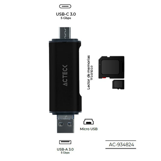 Lector de Memoria Acteck USB A/USB C/Micro USB Gate Edit DH450 Ultra Portátil SD + Micro SD TF
