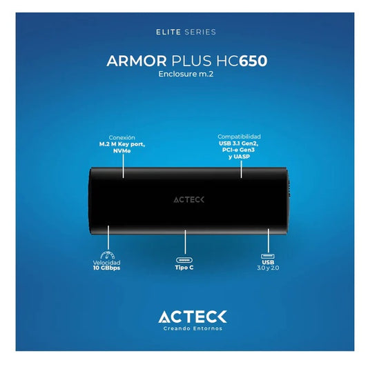 Gabinete Acteck Enclosure SSD Armor Plus HC650 M.2 NVME USB C Gen 2 10 Gbps compatible con 2280/2260/2242/2230 Aluminio Elite Series Negro