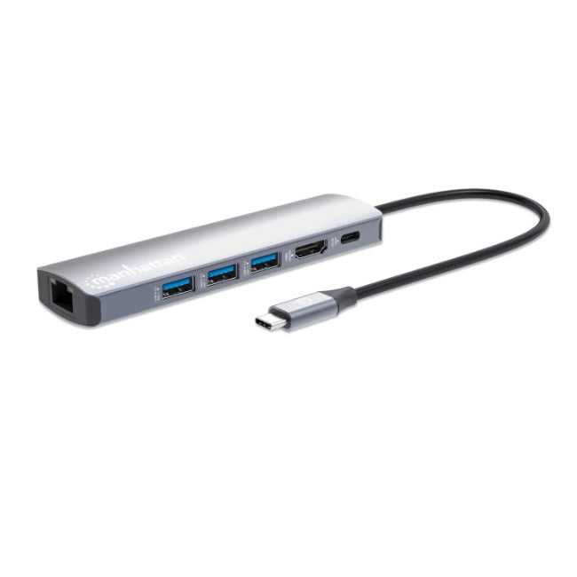 Docking Manhattan USB-C con Hub 1xHDMI 3xUSB A 1xUSB C Delivery (100 W) 1xRJ45 aluminio plateado