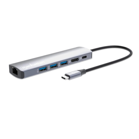 Docking Manhattan USB-C con Hub 1xHDMI 3xUSB A 1xUSB C Delivery (100 W) 1xRJ45 aluminio plateado