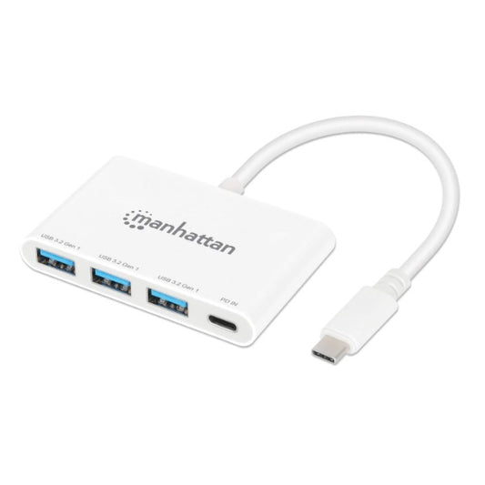 Hub USB-C Manhattan 3 Puertos A + 1 Puerto C PD 5Gbps Blanco con suministro de 100W