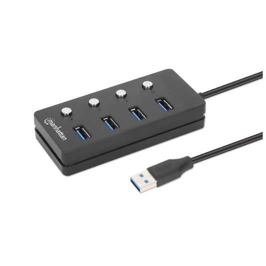 Hub USB Manhattan USB A 3.2 con 4 Puertos USB A 5Gbps SuperVelocidad cable integrado de 1.5m interruptor de encendido/apagado para cada puerto