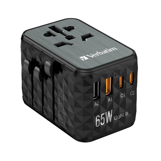 Adaptador Verbatim de viaje universal UTA-05 GaN con 2 x USB-C PD 65W y QC 4+ / 2 x USB-A modelo VB32120 color Negro