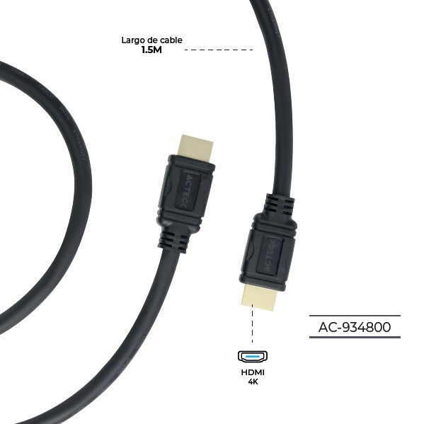 CABLE ACTECK HDMI A HDMI LINX PLUS 205 1.5M + HIGH SPEED 10.2GBPS + ARC + EHTERNET + CALIBRE 32 AWG 4K