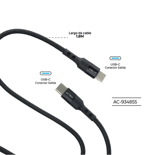 Cable Acteck USB C a USB C Linx Plus CC420 1M Carga Ultra Rápida Hasta 60W Nylon Trenzado Macho Macho