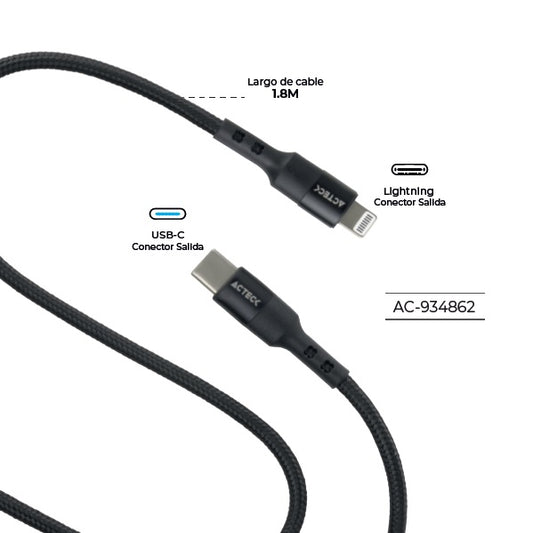 Cable Acteck USB C a Lightning Linx Plus CL420 1M Carga Ultra Rápida Hasta 27W Nylon Trenzado Macho Macho