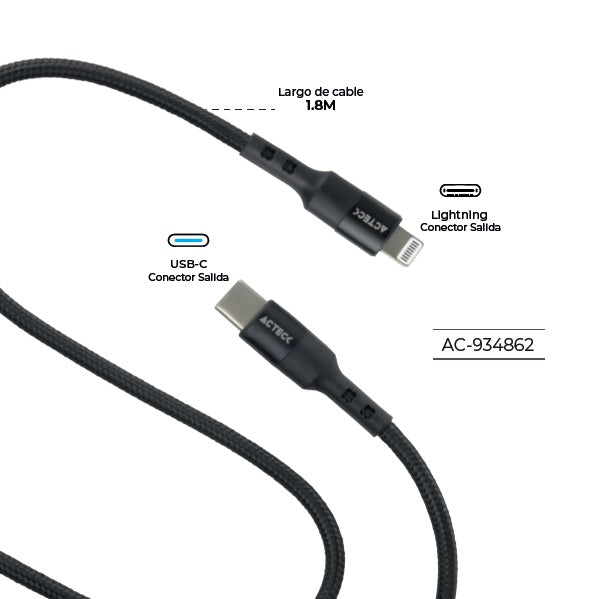 Cable Acteck USB C a Lightning Linx Plus CL420 1 metro Carga Ultra Rapida Hasta 27W Nylon Trenzado Macho Macho
