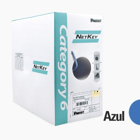 Bobina Panduit de Cable Utp Cat6 Uso Interno 305M de Cobre NetKey Azul (24 AWG) 1000Mbps Riser (CMR) de 4 Pares