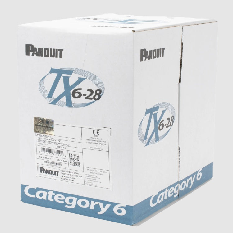 Bobina Panduit de Cable Utp Cat6 Uso Interior Azul 305mts de cobre mejorado Gris de Cobre TX6-28Æ Diametro Reducido (28 AWG) CM/LSZH de 4 Pares