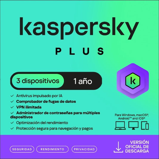 ESD KASPERSKY PLUS 3 DISPOSITIVOS 2 CUENTAS KPM 1 AÑO