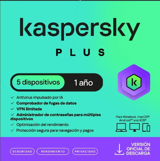 ESD KASPERSKY PLUS 5 DISPOSITIVOS 3 CUENTAS KPM 1 AÑO