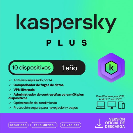 ESD KASPERSKY PLUS 10 DISPOSITIVOS 5 CUENTAS KPM 1 AÑO