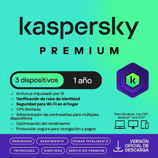 ESD KASPERSKY PREMIUM 3 DISPOSITIVOS 2 CUENTAS KPM 1 AÑO