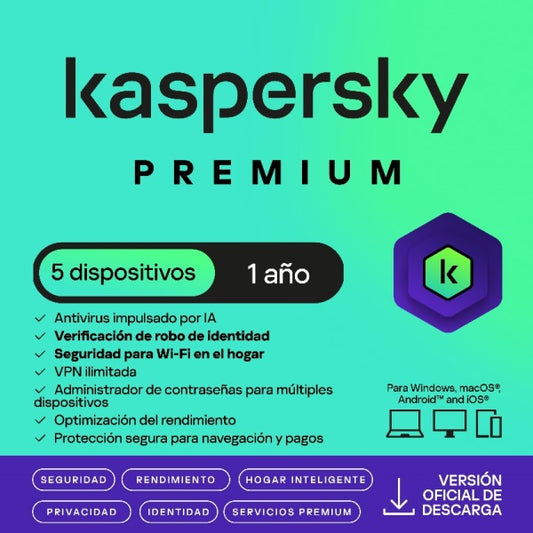 ESD KASPERSKY PREMIUM 5 DISPOSITIVOS 3 CUENTAS KPM 1 AÑO
