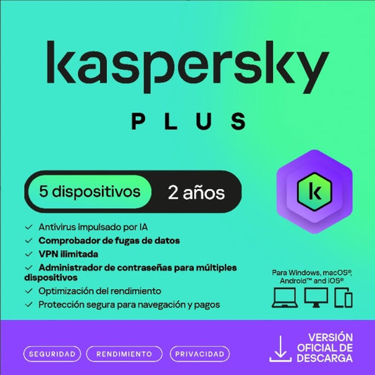 ESD KASPERSKY PLUS 5 DiSPOSITIVOS 3 CUENTAS KPM 2 AÑOS