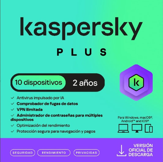 ESD KASPERSKY PLUS 10 DISPOSITIVOS 5 CUENTAS KPM 2 AÑOS