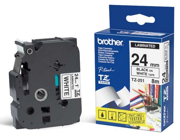 Cinta Brother TZE251 negro sobre blanco laminada para PT300 PT310B PT330 PT530 24mmX8m