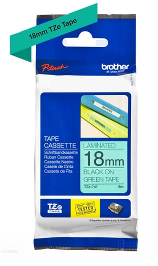 Cinta Brother TZe741 Negro-Verde Print Touch PT300/310B/330/530 17.78mmx7.99M