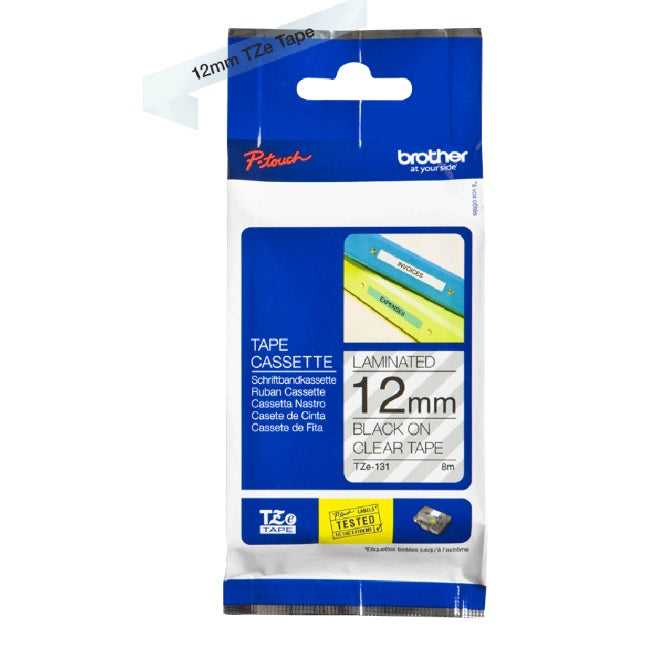 Cinta Brother TZE131 negro sobre transparente laminada para PT300 PT310B PT330 PT530 12mmX8m
