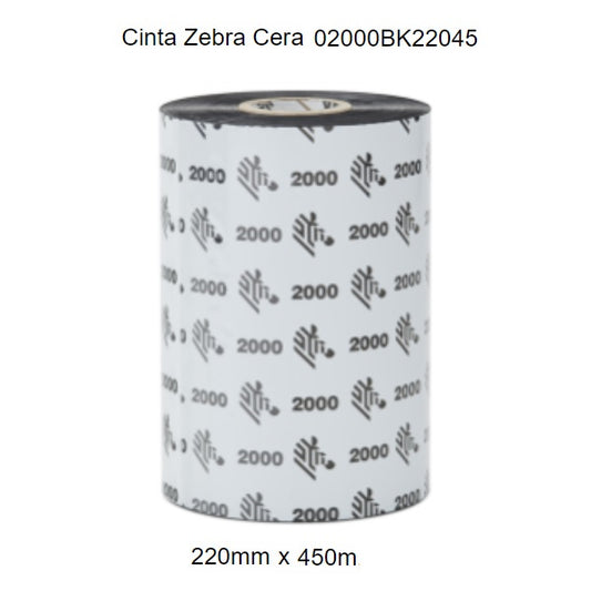 Cartucho de cinta Zebra Ribbon Cera 220mmX450mts Para Impresora Industrial Form 2000 Nucleo de 25mm Precio por Rollo 02000BK22045