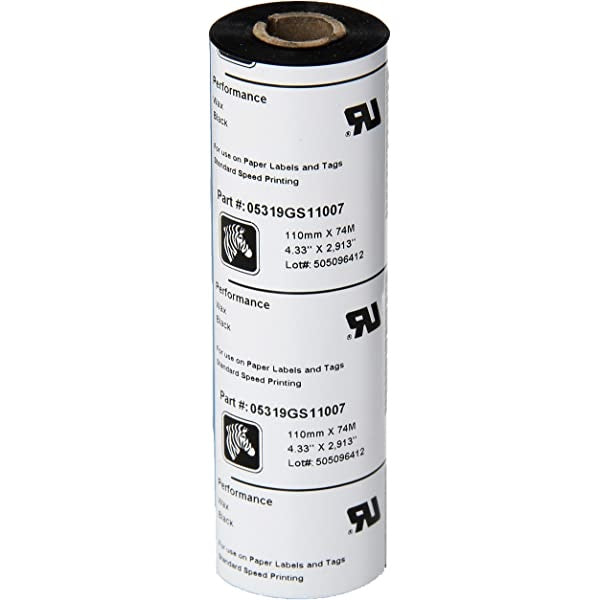 Cartucho de Cinta Zebra Ribbon Cera 110mmX74mts Para Impresora Escritorio Form. 5319 Precio por Rollo 05319GS11007