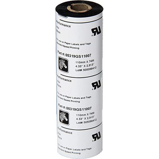Cartucho de Cinta Zebra Ribbon Cera 110mmX74mts Para Impresora Escritorio Form. 5319 Precio por Rollo 05319GS11007