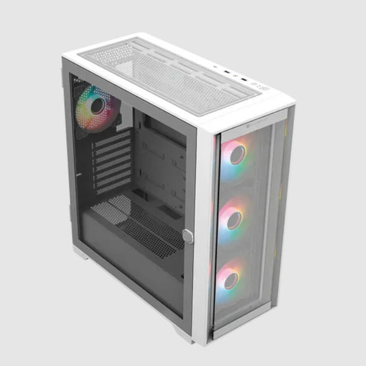 Gabinete Balam Rush Twin Mate 9000 Torre completa blanco cristal 4xVentiladores ARGB EATEX sin fuente panel frontal intercambiable cristal/malla
