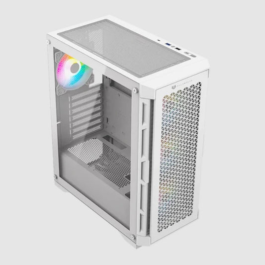 Gabinete Balam Rush Twin Mate 5000 Media torre blanco cristal 4xVentiladores ARGB ATX sin fuente panel frontal intercambiable cristal/malla