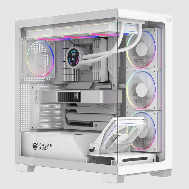 Gabinete Balam Rush Tank Polar 7900 Legend Blanco media torre 5xVentiladores ARGB Cristal templado ATX