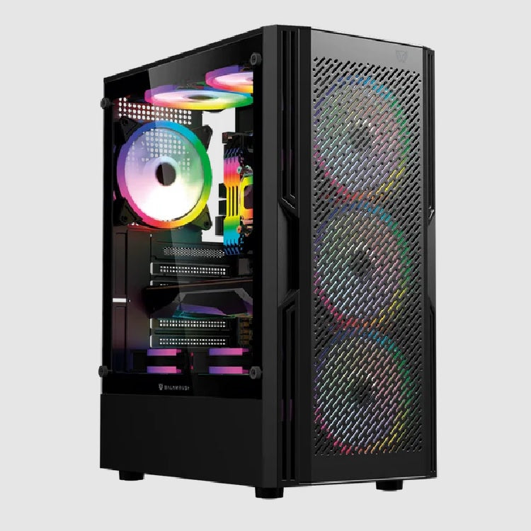 Gabinete Balam Rush Dragonfly Ventra GM570 Negro Gamer Compact Media Torre ATX 4xVentiladores ARGB Cristal templado frente tipo malla