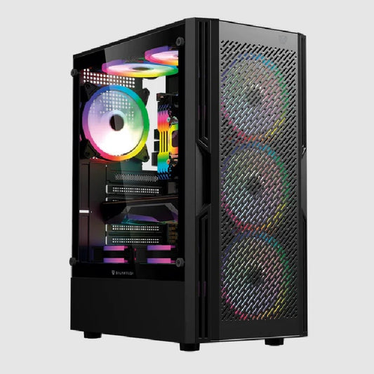 Gabinete Balam Rush Dragonfly Ventra GM570 Negro Gamer Compact Media Torre ATX 4xVentiladores ARGB Cristal templado frente tipo malla