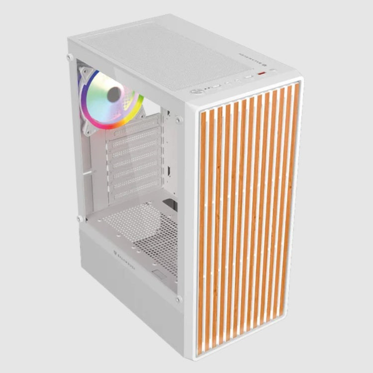 Gabinete Balam Rush Dragonfly Wood GM580 Blanco Gamer Compact Media Torre ATX 4xVentiladores ARGB Cristal templado frente con acabado tipo madera