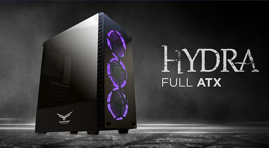 Gabiente gamer Naceb Hydra cristal con 3 ventiladores RGB sin fuente tarjeta Full ATX color Negro