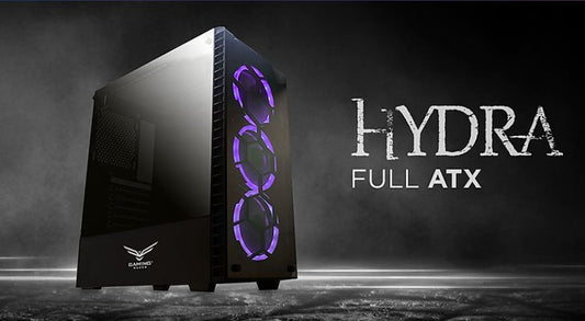 Gabiente gamer Naceb Hydra cristal con 3 ventiladores RGB sin fuente tarjeta Full ATX color Negro