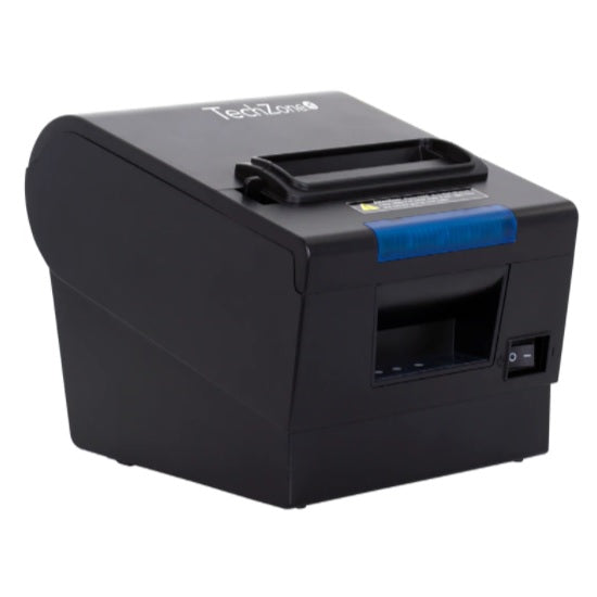 Miniprinter Termica Techzone POS Negro c/Azul 80mm Interfaz ( USB Ethernet y RJ11 ) Cortador Automatico Compatible con Windows Linux ALARMA LUZ Y SONIDO
