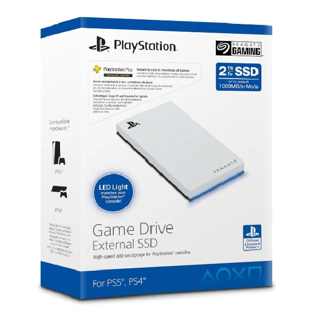 SSD externo Seagate 2TB Game Drive PS5 blanco con tira led azul STMH2000100
