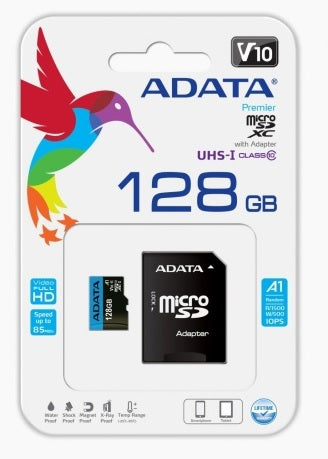 Memoria ADATA 128GB MicroSD con adaptador a SD clase10 para video HD hasta 100MB/25MB por segundo
