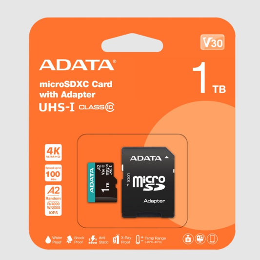 Memoria ADATA 1TB MicroSD con adaptador SD UHS-I clase10 A2 U3 V30 100MB/s