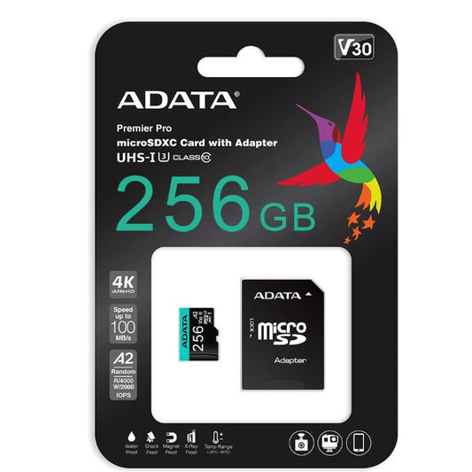 Memoria ADATA 256GB MicroSD Premier Pro con adaptador SD clase 10 A2 U3 V30 100MB/s