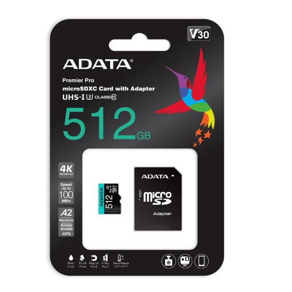 Memoria ADATA 512GB MicroSD Premier Pro con adaptador SD clase 10 A2 U3 V30 100MB/s
